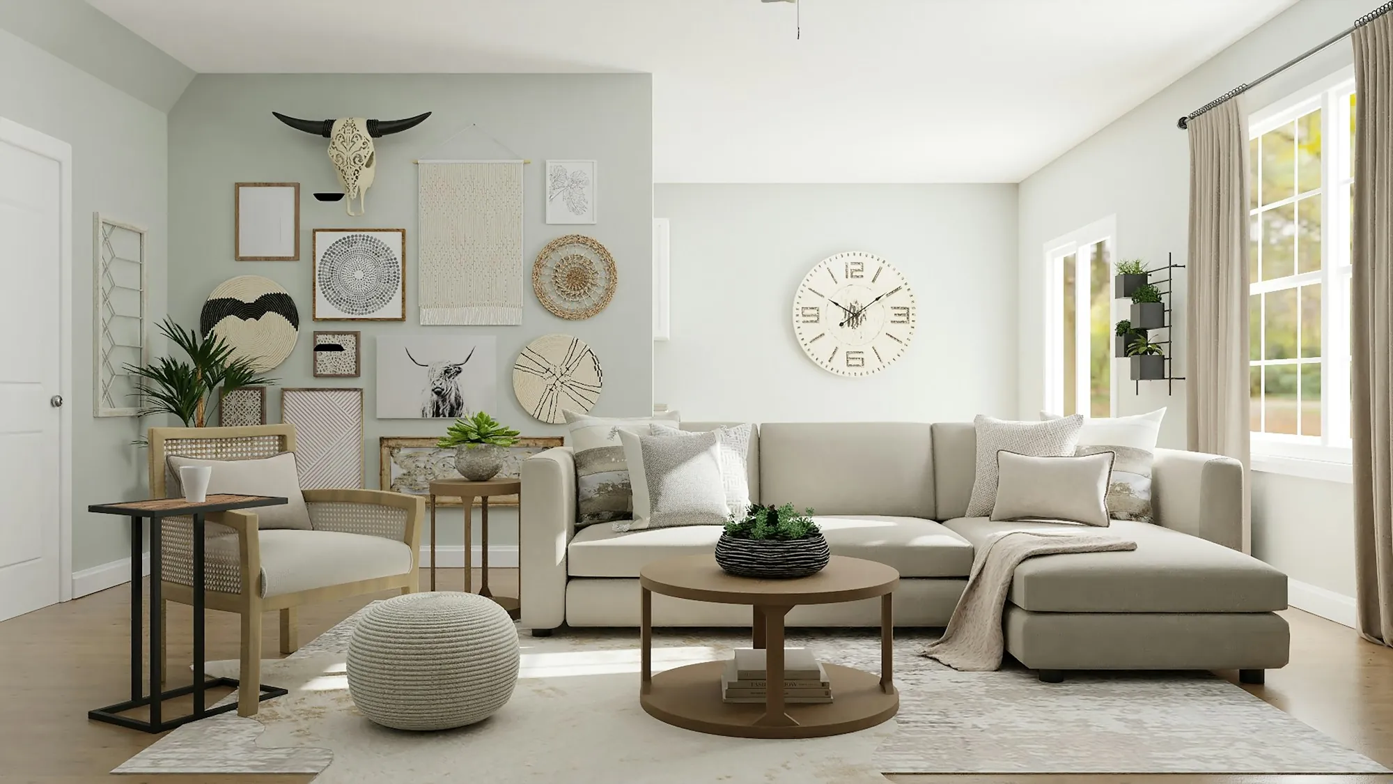 Living room with a cream sectional, round coffee table and a gallery wall