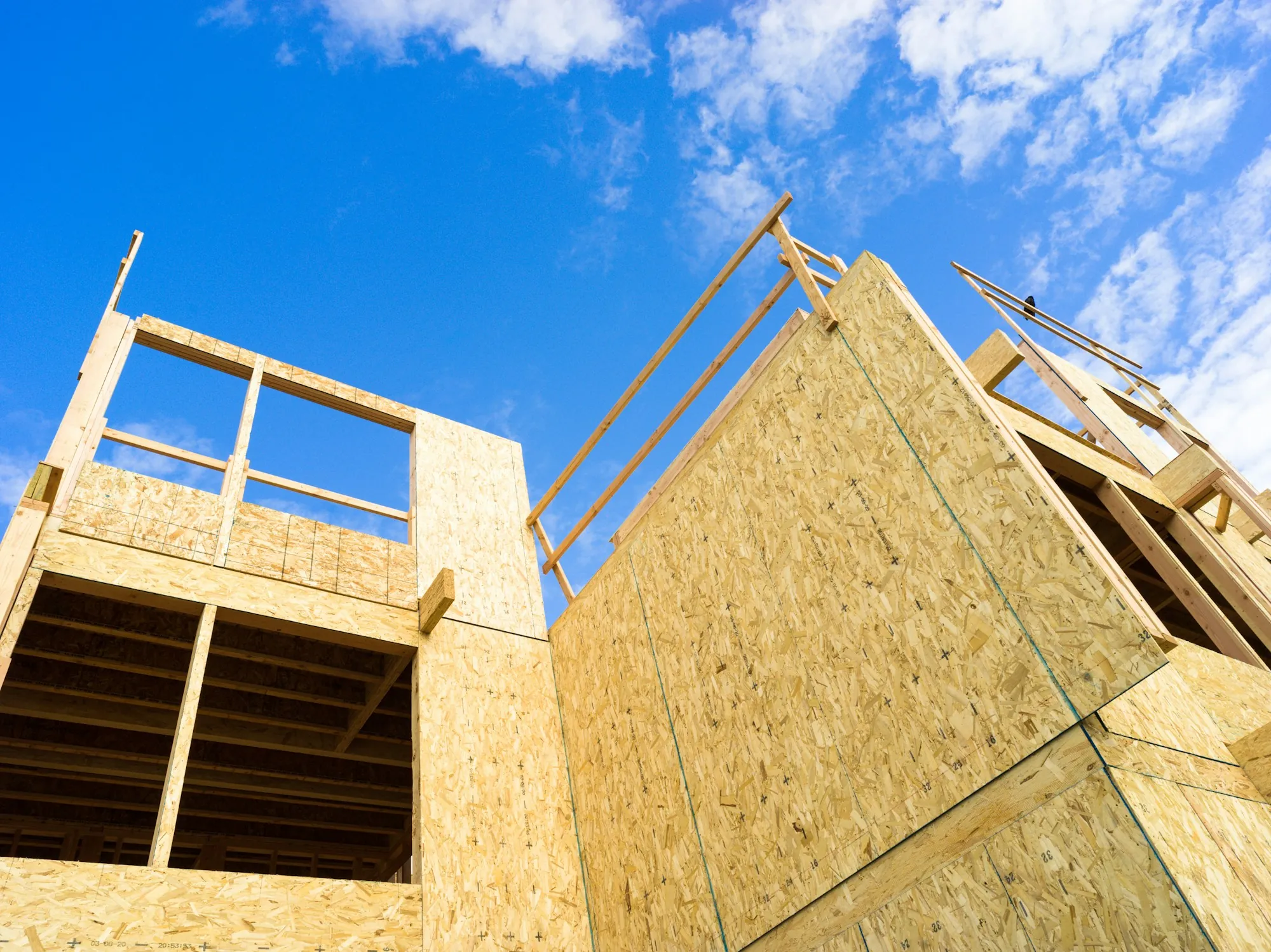New wood-framed addition with sheathed walls rising against a blue sky
